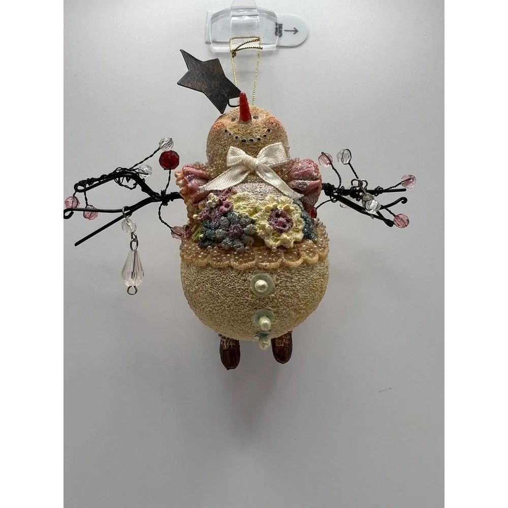 Snowman Ornament Victorian Lace Beaded Cottagecore Shabby Chic Pink Cream Resin
